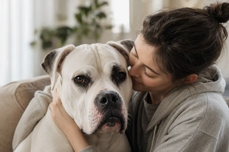 Amerikanische Bulldogge mit aufmerksamem Blick im weichen natürlichen Licht.